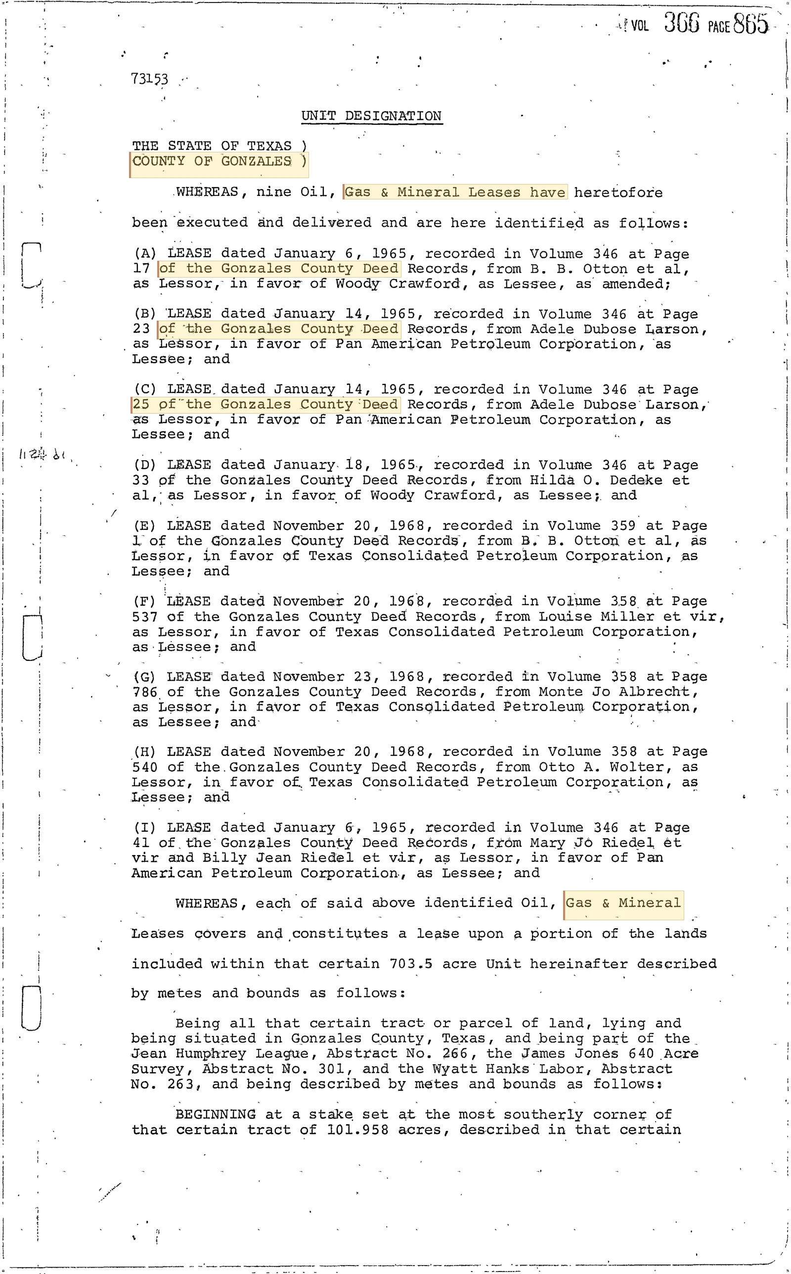 Texas Consolidated Petroleum Corporation - Recorded Unit Designation/Pooling Agreement (Vol. 366, Page 865)